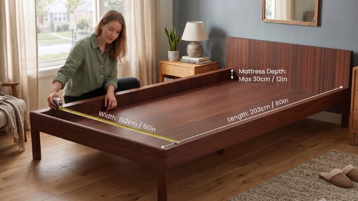 A woman using a measuring tape to check a wooden bed frame's dimensions for a mattress, with text overlays showing width, length, and depth measurements.